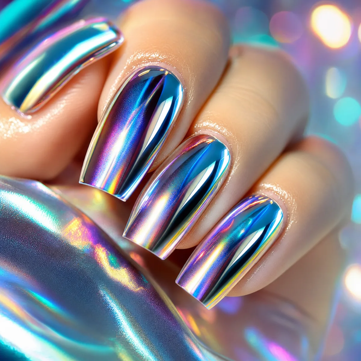 Chrome and holographic nail set close-up at Gilded Petal Nail Studio