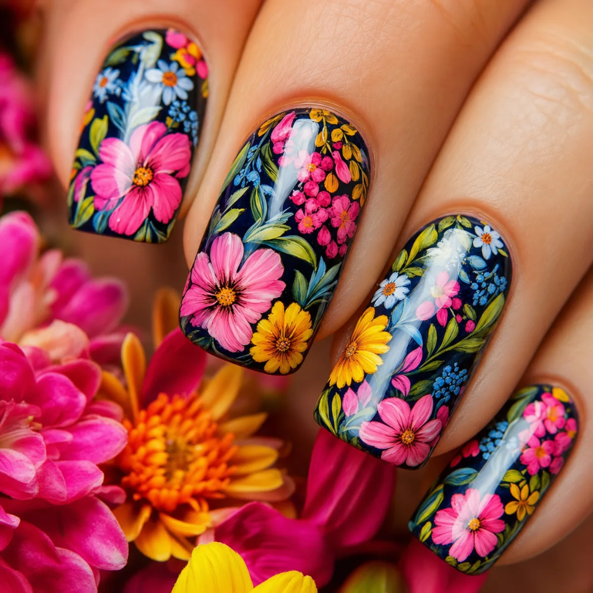 Hand-painted floral nail art close-up at Gilded Petal Nail Studio