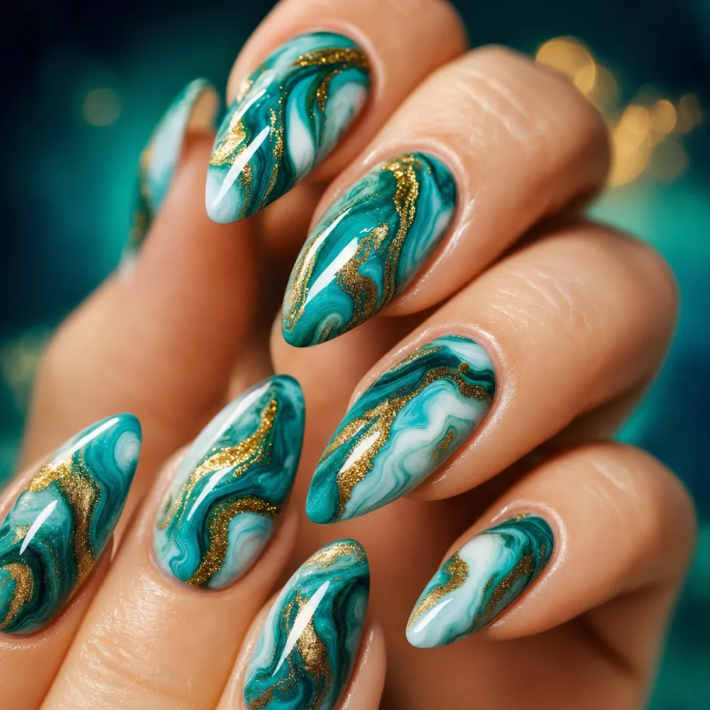 Marble-effect nail art close-up at Gilded Petal Nail Studio