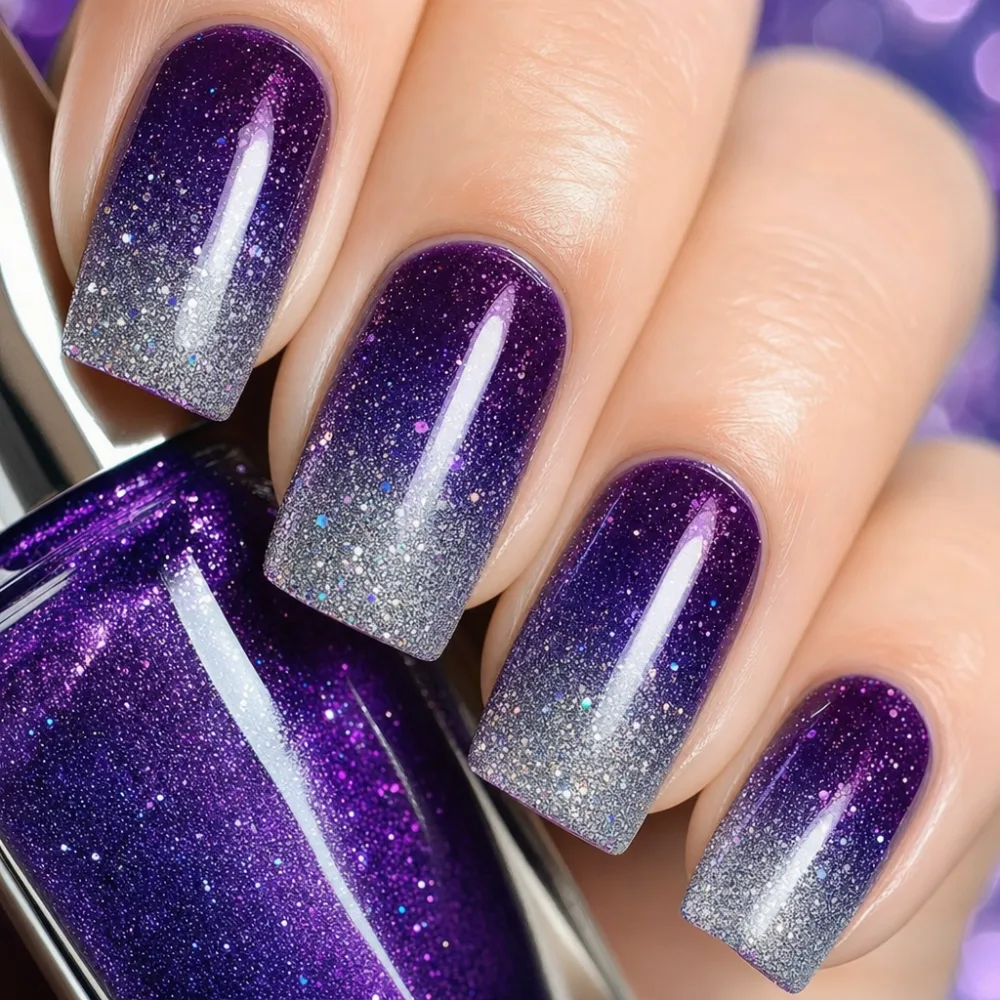 Glitter and holographic sparkle nail set close-up at Gilded Petal Nail Studio